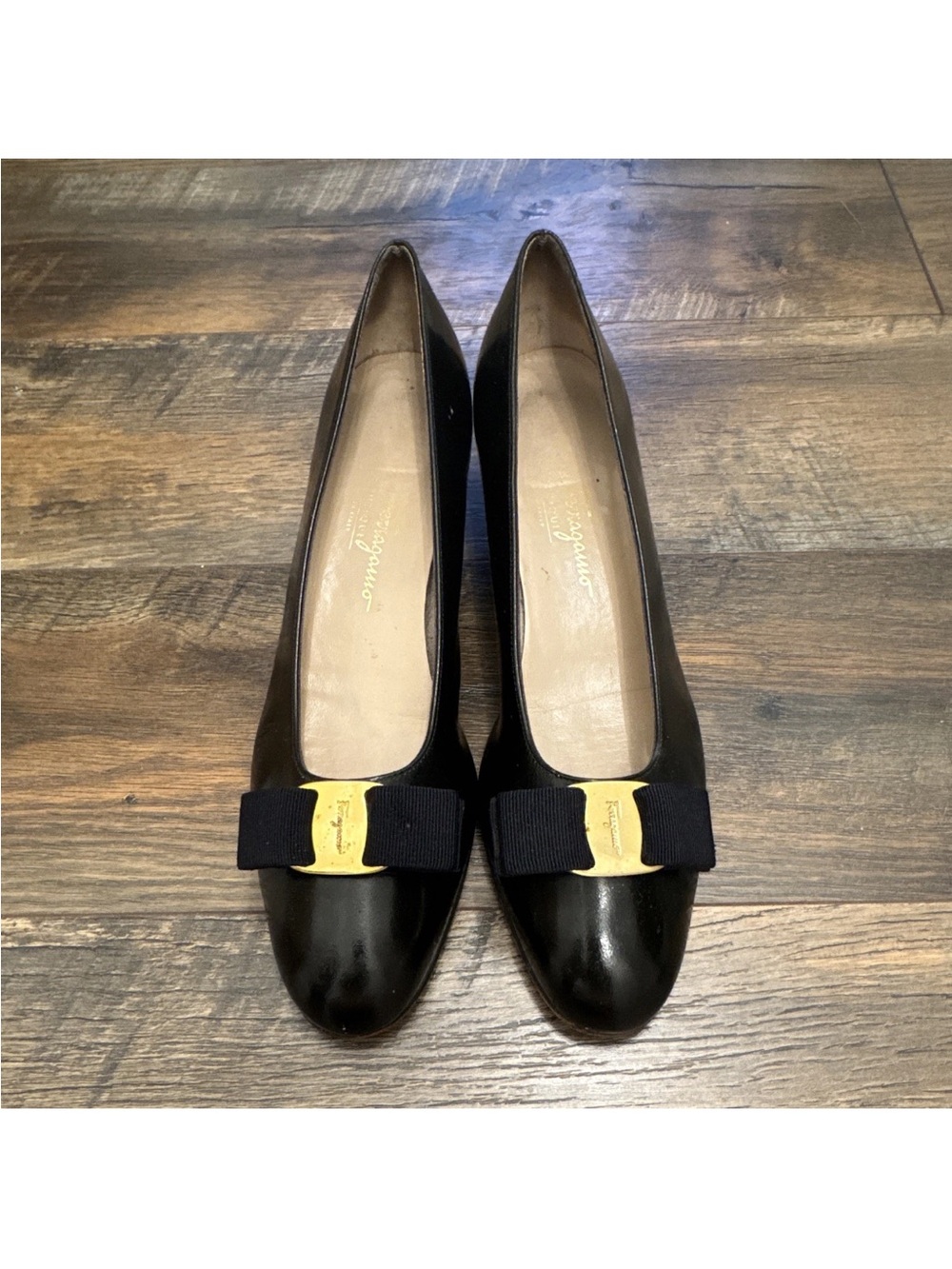 Vintage Salvatore Ferragamo Vara Heels with Black Bow and Gold Logo